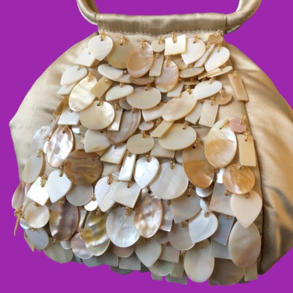 Evening Satchel Handbag Dangling Shell Beads Vintage Double Handles - Picture 11 of 11